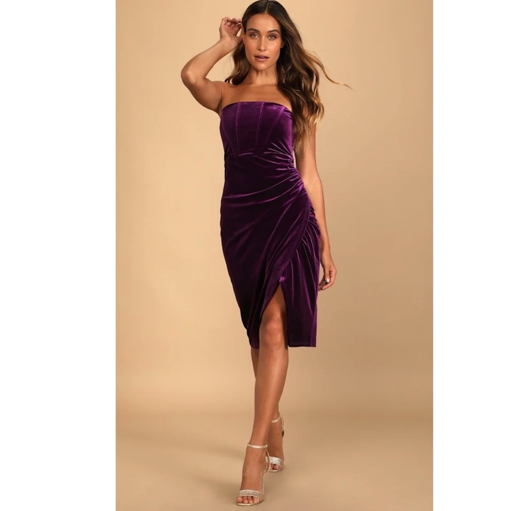 NWT Lulus Dark Purple Velvet Strapless Tulip‎ Dress Size Large